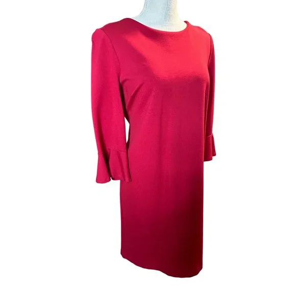 Chico’s Red Dress Bell Flare 3/4 Sleeves Midi Women Valentine Round Neck Holiday - Picture 2 of 11